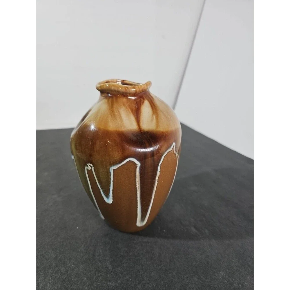 Vintage Drip Glaze Pottery Vase Pinched Handmade 7” Brown Light Blue